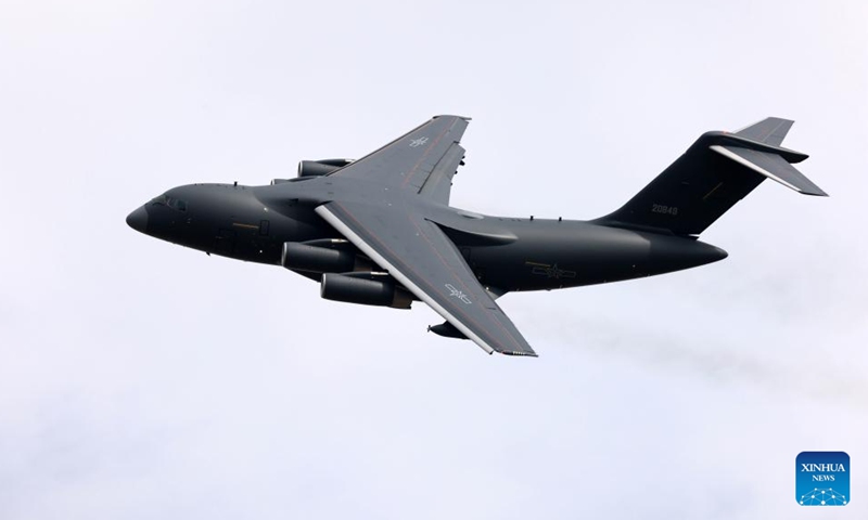 A YU-20 tanker aircraft conducts adaptive training for the upcoming 15th Airshow China in Zhuhai, south China's Guangdong Province, Nov. 9, 2024. The 15th China International Aviation and Aerospace Exhibition, also known as Airshow China, will be held in Zhuhai from Nov. 12 to 17. (Photo by Tan Sicheng/Xinhua)