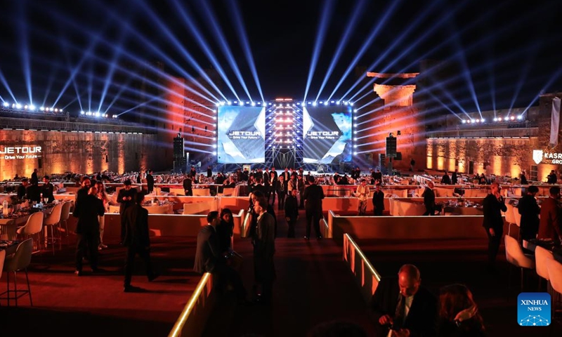 This photo taken on Nov. 4, 2024 shows the launching ceremony of Jetour Auto's first off-road SUV model T2 in Cairo, Egypt. Jetour Auto, a Chinese auto brand, unveiled its first off-road SUV model, namely T2, here on Monday evening. (Photo: Xinhua)