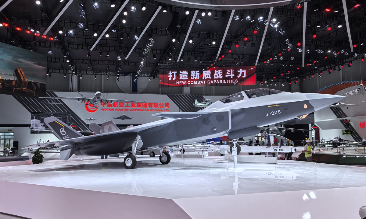 A scale model of the J-20S two-seat stealth fighter jet is on display at the exhibition hall of the state-owned Aviation Industry Corporation of China (AVIC) at the Airshow China 2024 in Zhuhai, South China's Guangdong Province, which will be held from November 12 to 17. Photo: Yang Sheng/GT