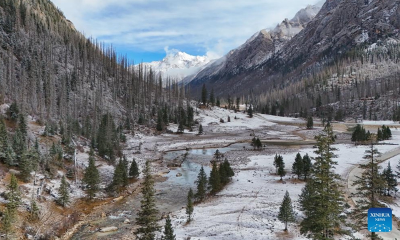 An aerial drone photo taken on Nov. 4, 2024 shows the scenery of Duopugou scenic spot in Dege County of Garze Tibetan Autonomous Prefecture, southwest China's Sichuan Province. The Duopugou scenic spot boasts a picturesque scenery and abundant reserve of animals and plants.  (Photo: Xinhua)