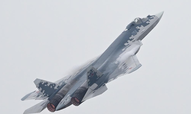 A Su-57 fighter jet conducts adaptive training for the upcoming Airshow China in Zhuhai, south China's Guangdong Province, Nov. 10, 2024. The 15th China International Aviation and Aerospace Exhibition, also known as Airshow China, will be held in Zhuhai from Nov. 12 to 17. (Xinhua/Deng Hua)