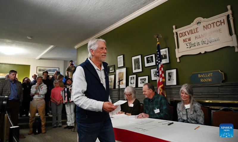 A voter heads to a booth to fill in his ballot for the U.S. presidential election in Dixville Notch, New Hampshire, the United States, Nov. 5, 2024. Voters in Dixville Notch, New Hampshire, went to the polls early Tuesday morning, marking the official start of Election Day voting for the 2024 U.S. presidential election. (Photo: Xinhua)