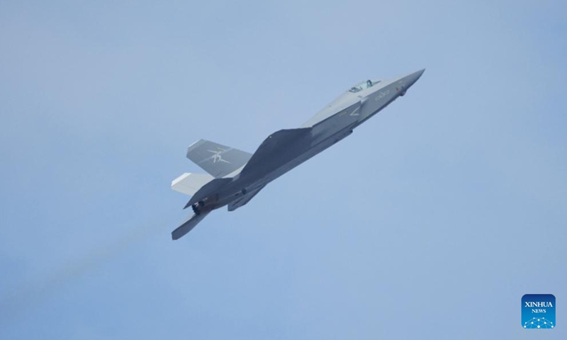 A J-35A fighter jet conducts adaptive training for the upcoming 15th Airshow China in Zhuhai, south China's Guangdong Province, Nov. 9, 2024. The 15th China International Aviation and Aerospace Exhibition, also known as Airshow China, will be held in Zhuhai from Nov. 12 to 17. (Photo by Tan Sicheng/Xinhua)