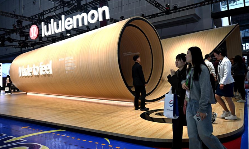 This photo taken on Nov. 9, 2024 shows the booth of Lululemon, a first-time exhibitor of the China International Import Expo (CIIE), during the 7th CIIE in east China's Shanghai. (Photo by Chen Haoming/Xinhua)