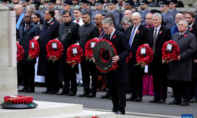 British Prime Minister Keir Starmer (front) attends the Remembrance Sunday ceremony, marking the 106th anniversary of the end of the First World War in London, Britain, Nov. 10, 2024. (Alecsandra Dragoi/No. 10 Downing Street/Handout via Xinhua)