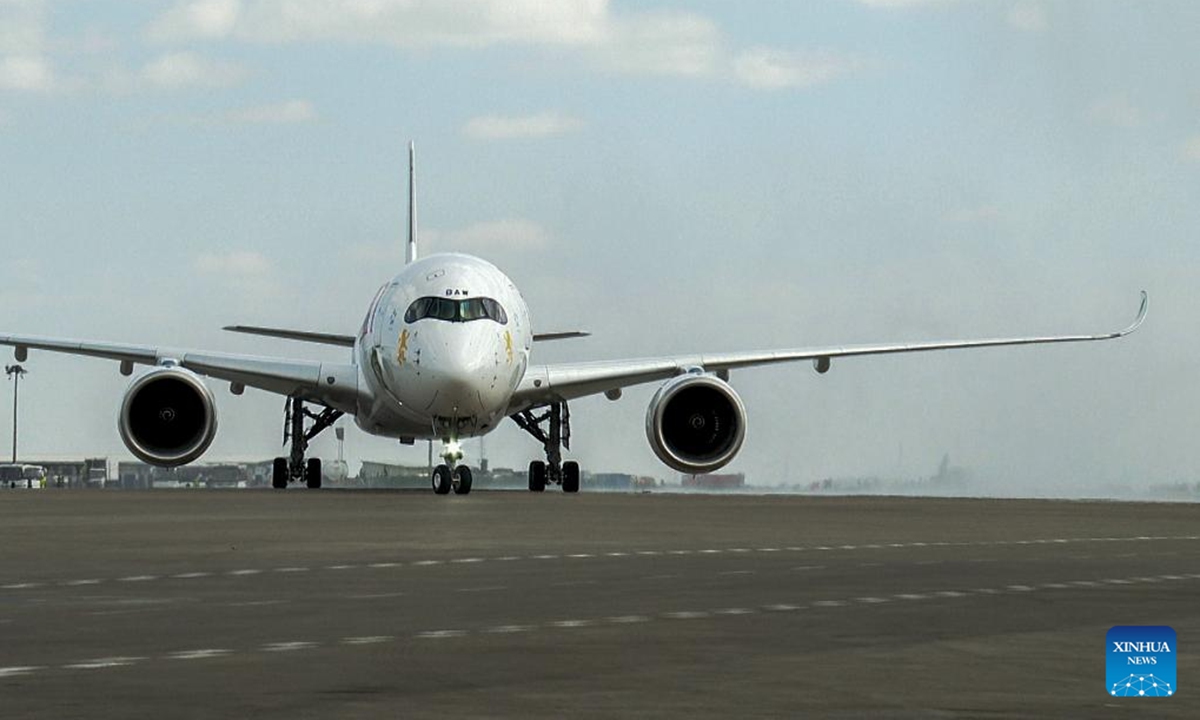 The passenger plane A350-1000, named Ethiopia: Land of Origins, lands at the Bole International Airport in Addis Ababa, the capital of Ethiopia, Nov. 5, 2024. Ethiopian Airlines has received its first Airbus A350-1000, becoming the first African carrier to operate the largest model in the A350 family. (Photo: Xinhua)