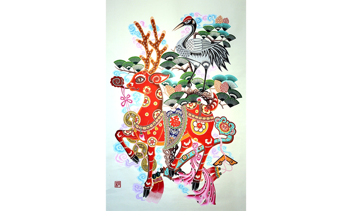 Gao Dianliang's paper-cutting work <em>Spring harmony of crane and deer</em> Photo: Courtesy of Gao Dianliang