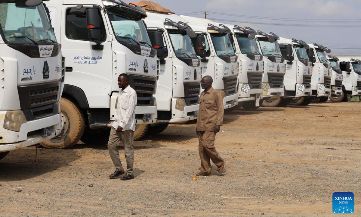 Trucks, part of a humanitarian aid convoy, are seen in Port Sudan, Red Sea State, eastern Sudan, on Nov. 6, 2024. The Sudanese government on Wednesday sent a humanitarian aid convoy to three states that host thousands of people displaced from the eastern Gezira region in central Sudan due to the attacks by the paramilitary Rapid Support Forces (RSF).  (Photo: Xinhua)