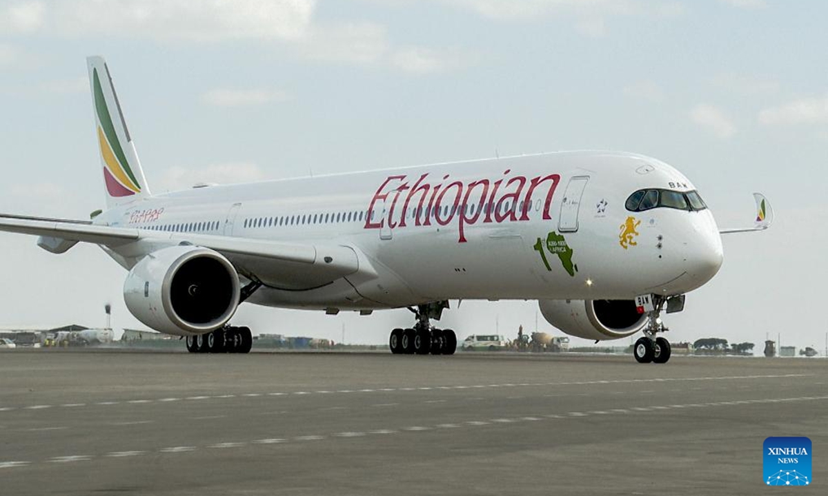 The passenger plane A350-1000, named Ethiopia: Land of Origins, lands at the Bole International Airport in Addis Ababa, the capital of Ethiopia, Nov. 5, 2024. Ethiopian Airlines has received its first Airbus A350-1000, becoming the first African carrier to operate the largest model in the A350 family. (Photo: Xinhua)