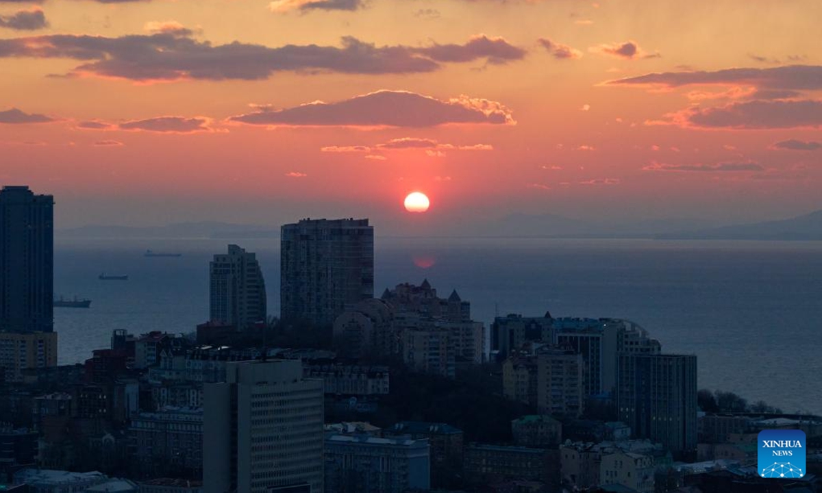 This photo taken on Nov. 6, 2024 shows a sunset view of Vladivostok, Russia.    (Photo: Xinhua)