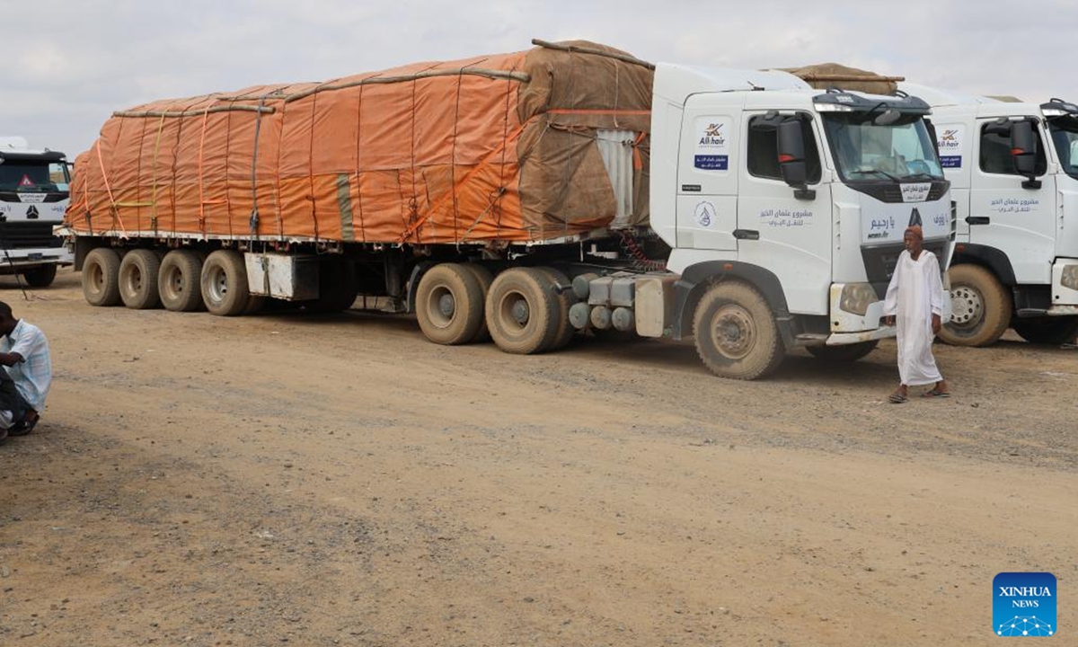 Trucks, part of a humanitarian aid convoy, are seen in Port Sudan, Red Sea State, eastern Sudan, on Nov. 6, 2024. The Sudanese government on Wednesday sent a humanitarian aid convoy to three states that host thousands of people displaced from the eastern Gezira region in central Sudan due to the attacks by the paramilitary Rapid Support Forces (RSF).  (Photo: Xinhua)