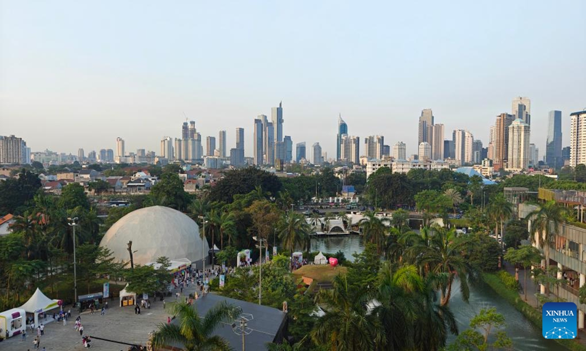 This photo taken with a mobile phone shows a city view taken from Senayan Park in Jakarta, Indonesia, July 12, 2024. Located on the northwest coast of Java Island, Jakarta is the largest city in Indonesia and is currently the political, economic and cultural center of the country.   (Photo: Xinhua)