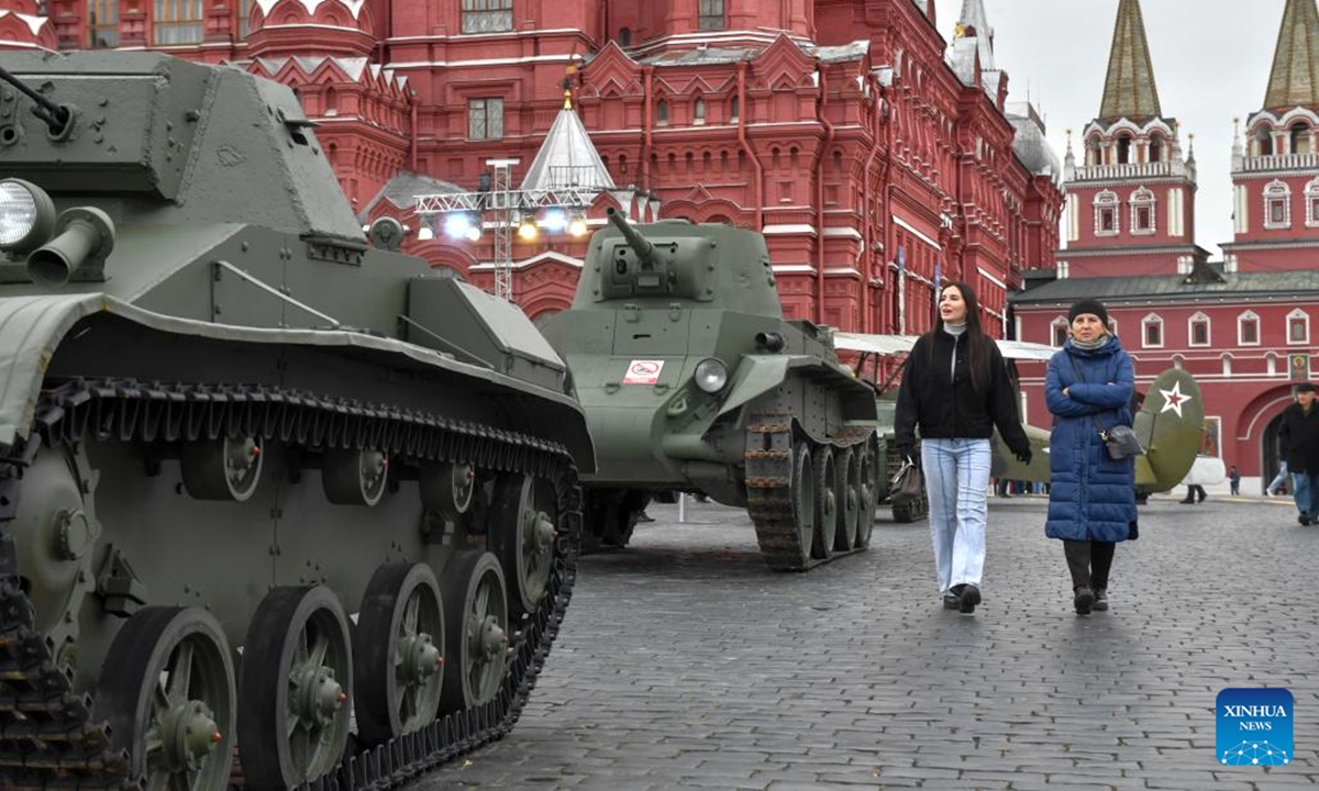 People visit an outdoor exhibition commemorating the military parade in 1941 at Red Square in Moscow, Russia, Nov. 7, 2024.  (Photo: Xinhua)