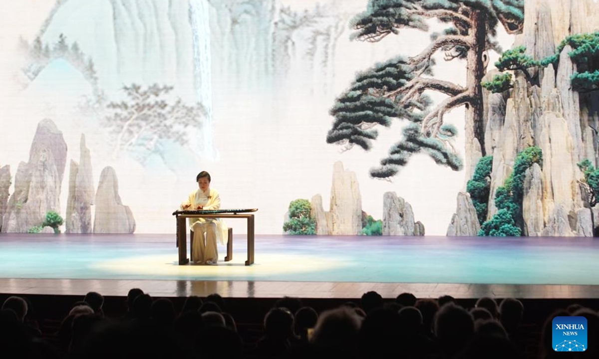 An artist performs a classic of China at the National Museum of China in Beijing, capital of China, Nov. 6, 2024. A special performance for the World Conference of Classics was staged here on Wednesday. The conference is slated from Nov. 6 to 8 in Beijing. (Photo: Xinhua)