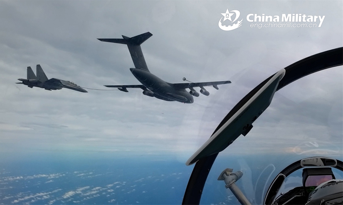 A YY-20 tanker attached to an aviation brigade with the air force under the Chinese PLA Southern Theater Command refuels two J-16 fighter jets during a multi-subject flight training exercise on August 28th, 2024.   (Photo: China Military Online)