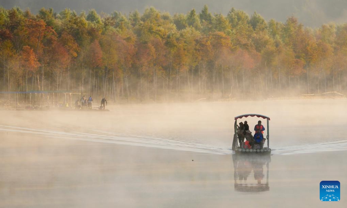 Tourists view bald cypress forests on a sightseeing raft at a wetland park in Fangtang Township of Ningguo City, east China's Anhui Province, Nov. 7, 2024.  (Photo: Xinhua)