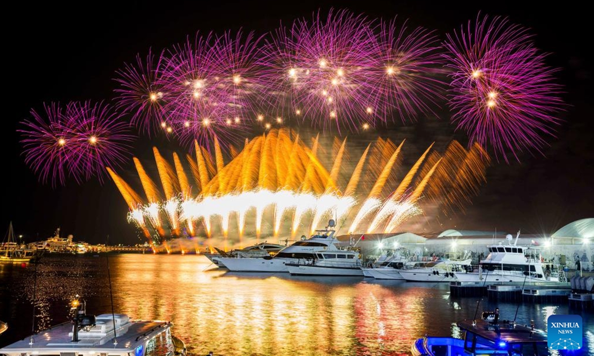 Fireworks light up the sky during the Qatar Boat Show at the Old Doha Port in Doha, Qatar on Nov. 6, 2024. This event kicked off here on Wednesday and will last till Saturday.   (Photo: Xinhua)