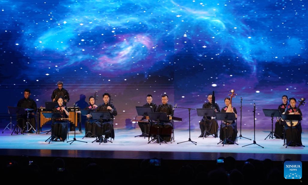 Musicians perform a classic of Greece at the National Museum of China in Beijing, capital of China, Nov. 6, 2024. A special performance for the World Conference of Classics was staged here on Wednesday. The conference is slated from Nov. 6 to 8 in Beijing. (Photo: Xinhua)