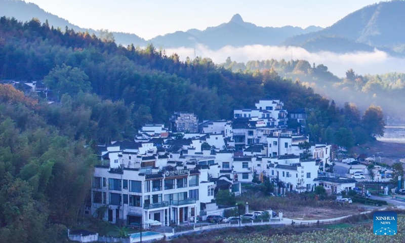 An aerial drone photo shows a view of a building complex for hospitality services near Tachuan Village, Yixian County, Huangshan City, east China's Anhui Province, Nov. 8, 2024. (Photo: Xinhua)