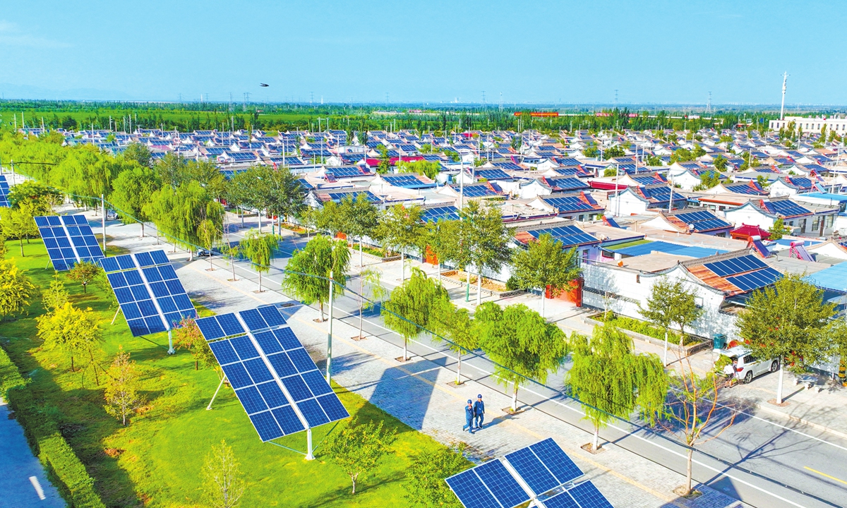 A view of Yuanlong village, where most residents have installed rooftop photovoltaic solar panels, in Northwest China's Ningxia Hui Autonomous Region. Photo: VCG