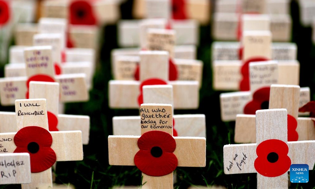 Poppy petals and crosses are seen at the Field of Remembrance at Westminster Abbey on the occasion of Remembrance Day in London, Britain, on Nov. 11, 2024. Remembrance Day is observed to remember the sacrifices made by soldiers during the WWI, which ended on Nov. 11, 1918.  (Photo: Xinhua)