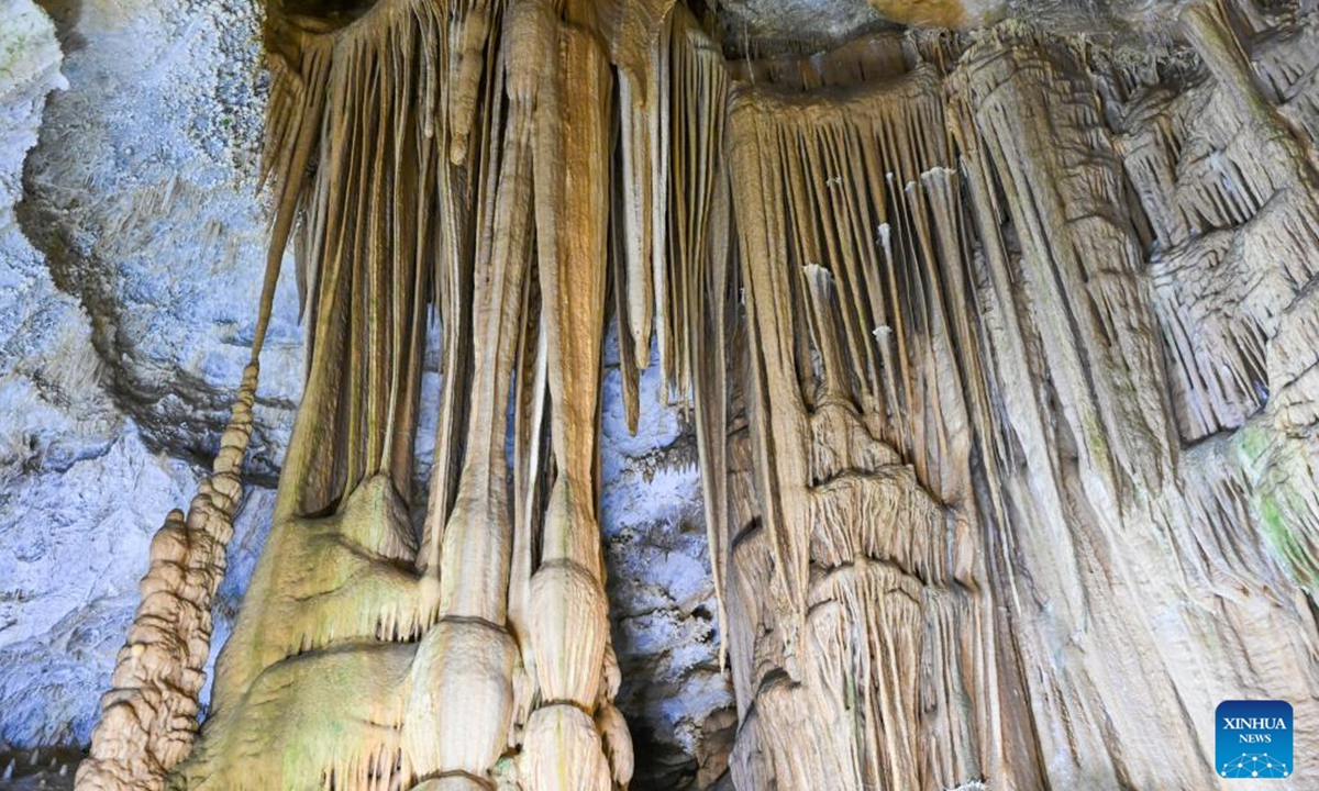 This photo taken on Nov. 6, 2024 shows a view of the Karaca Cave in Gumushane province, Türkiye. The Karaca Cave is a stunning natural formation spanning 1,500 square meters. The cave features four large chambers, the final one recently opened to tourists. Inside, visitors can see a wide array of cave formations, including stalactites, stalagmites, columns, soda straws, rounded mineral deposits, and cave pearls. (Photo: Xinhua)