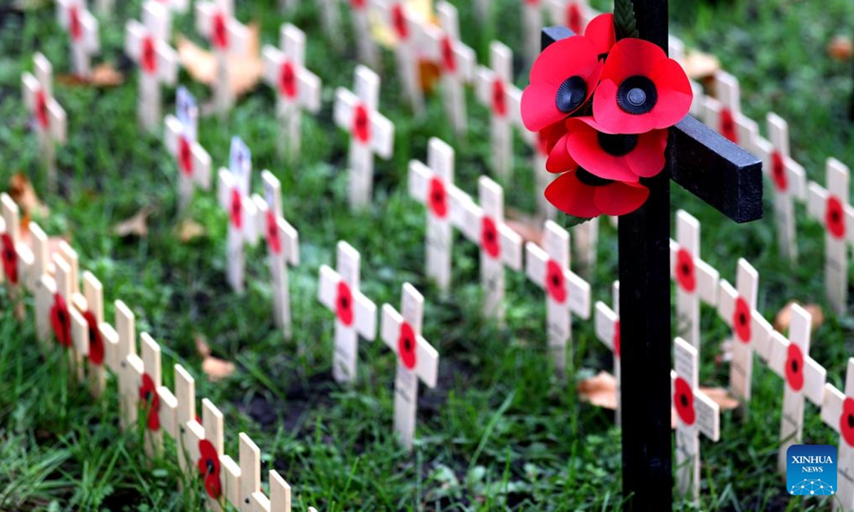 Poppy petals and crosses are seen at the Field of Remembrance at Westminster Abbey on the occasion of Remembrance Day in London, Britain, on Nov. 11, 2024. Remembrance Day is observed to remember the sacrifices made by soldiers during the WWI, which ended on Nov. 11, 1918. (Photo: Xinhua)