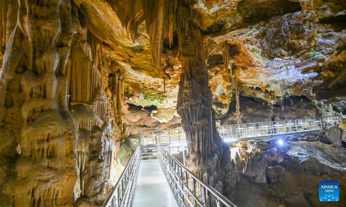 This photo taken on Nov. 6, 2024 shows a view of the Karaca Cave in Gumushane province, Türkiye. The Karaca Cave is a stunning natural formation spanning 1,500 square meters. The cave features four large chambers, the final one recently opened to tourists. Inside, visitors can see a wide array of cave formations, including stalactites, stalagmites, columns, soda straws, rounded mineral deposits, and cave pearls. (Photo: Xinhua)