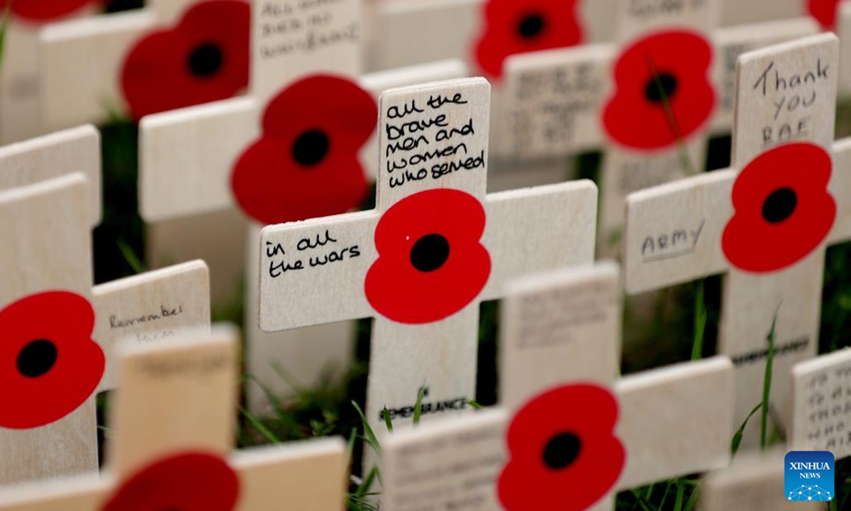 Poppy petals and crosses are seen at the Field of Remembrance at Westminster Abbey on the occasion of Remembrance Day in London, Britain, on Nov. 11, 2024. Remembrance Day is observed to remember the sacrifices made by soldiers during the WWI, which ended on Nov. 11, 1918.  (Photo: Xinhua)