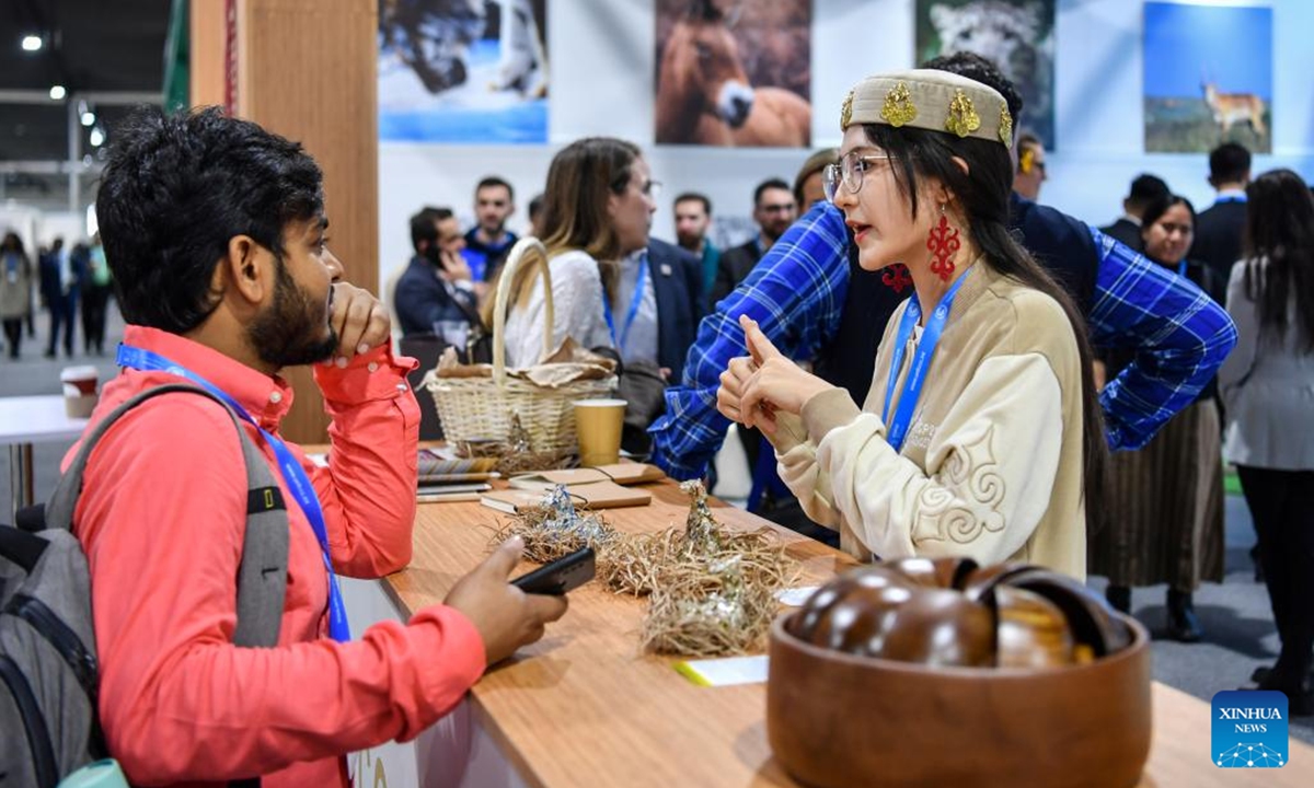 Attendees communicate at an exhibition area of the 29th session of the Conference of the Parties to the United Nations Framework Convention on Climate Change (UNFCCC) in Baku, Azerbaijan, Nov. 11, 2024.  (Photo: Xinhua)