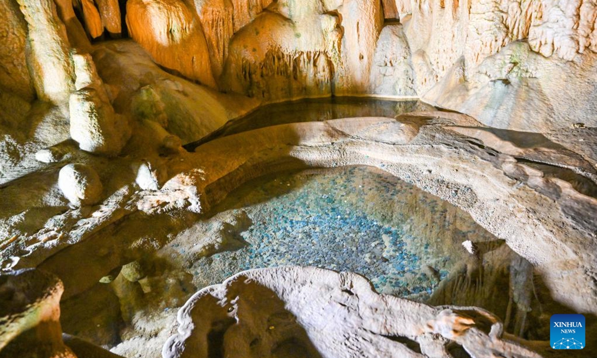 This photo taken on Nov. 6, 2024 shows a view of the Karaca Cave in Gumushane province, Türkiye. The Karaca Cave is a stunning natural formation spanning 1,500 square meters. The cave features four large chambers, the final one recently opened to tourists. Inside, visitors can see a wide array of cave formations, including stalactites, stalagmites, columns, soda straws, rounded mineral deposits, and cave pearls. (Photo: Xinhua)