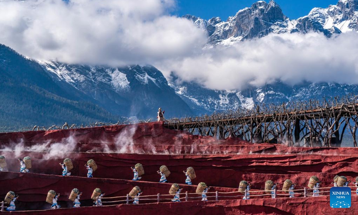 Artists perform in the outdoor musical Impression Lijiang at the Yulong Snow Mountain scenic spot in Lijiang, southwest China's Yunnan Province, Nov. 9, 2024. With the goal to build a world famous tourism city, Lijiang has been improving the service in its scenic spots such as Lijiang ancient town and Yulong Snow Mountain, in an effort to promote the high-quality development of its cultural tourism market. (Photo: Xinhua)