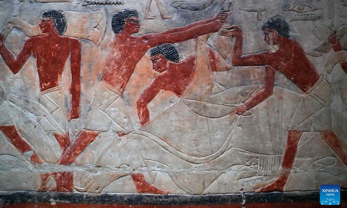 This photo taken on Nov. 12, 2024 shows a colored relief painting inside the tomb of an official of ancient Egypt in Saqqara necropolis, south of Cairo, Egypt. The Saqqara necropolis is home to numbers of noble tombs, in which many colored relief paintings depicting ancient Egyptian daily life are still well preserved.  (Photo: Xinhua)