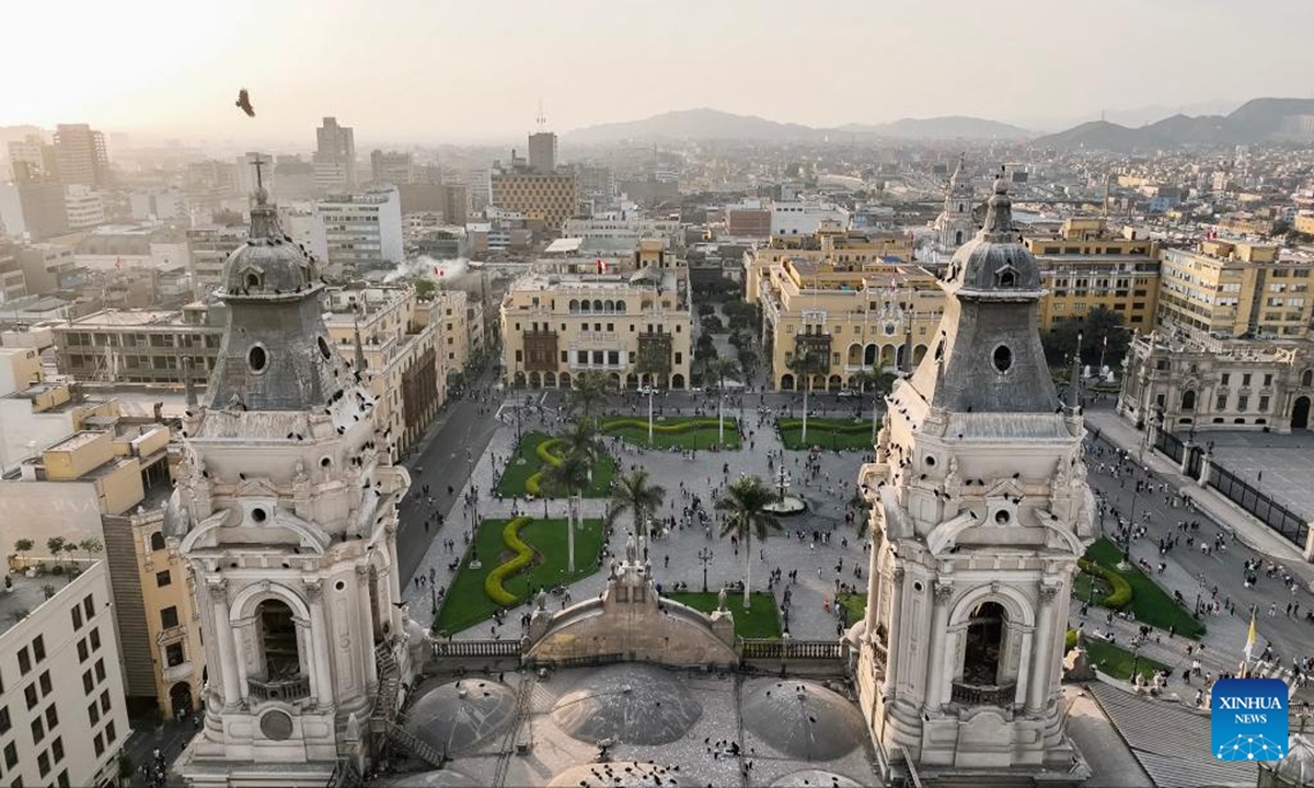 An aerial drone photo shows a view of the Plaza de Armas in Lima, Peru, Oct. 13, 2024.

Lima, the capital and largest city of Peru, is the political, economic and cultural center of the country. It is composed of the historical section and the emerging section, while the former has been listed as a world cultural heritage thanks to the numerous relic sites there.  (Photo: Xinhua)