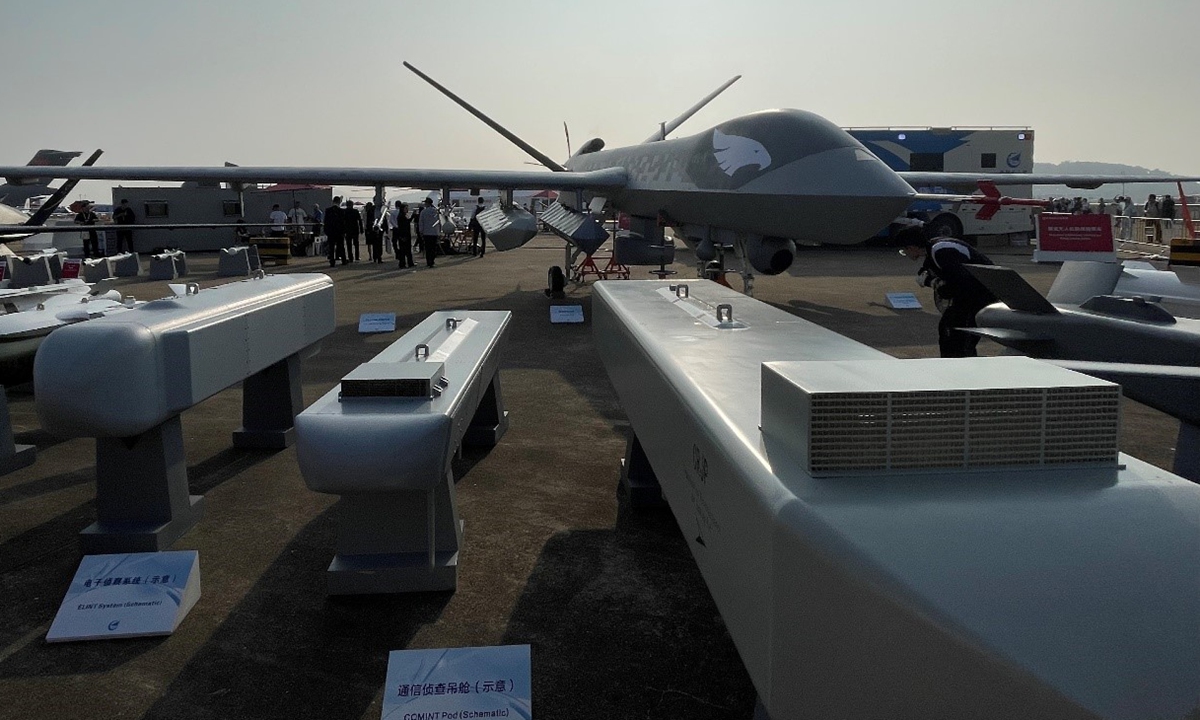 A Wing Loong-X medium-altitude long-endurance unmanned aerial system and its payloads are on display at Airshow China 2024 held from November 12 to 17, 2024 in Zhuhai, South China's Guangdong Province. Photo: Liu Xuanzun/GT