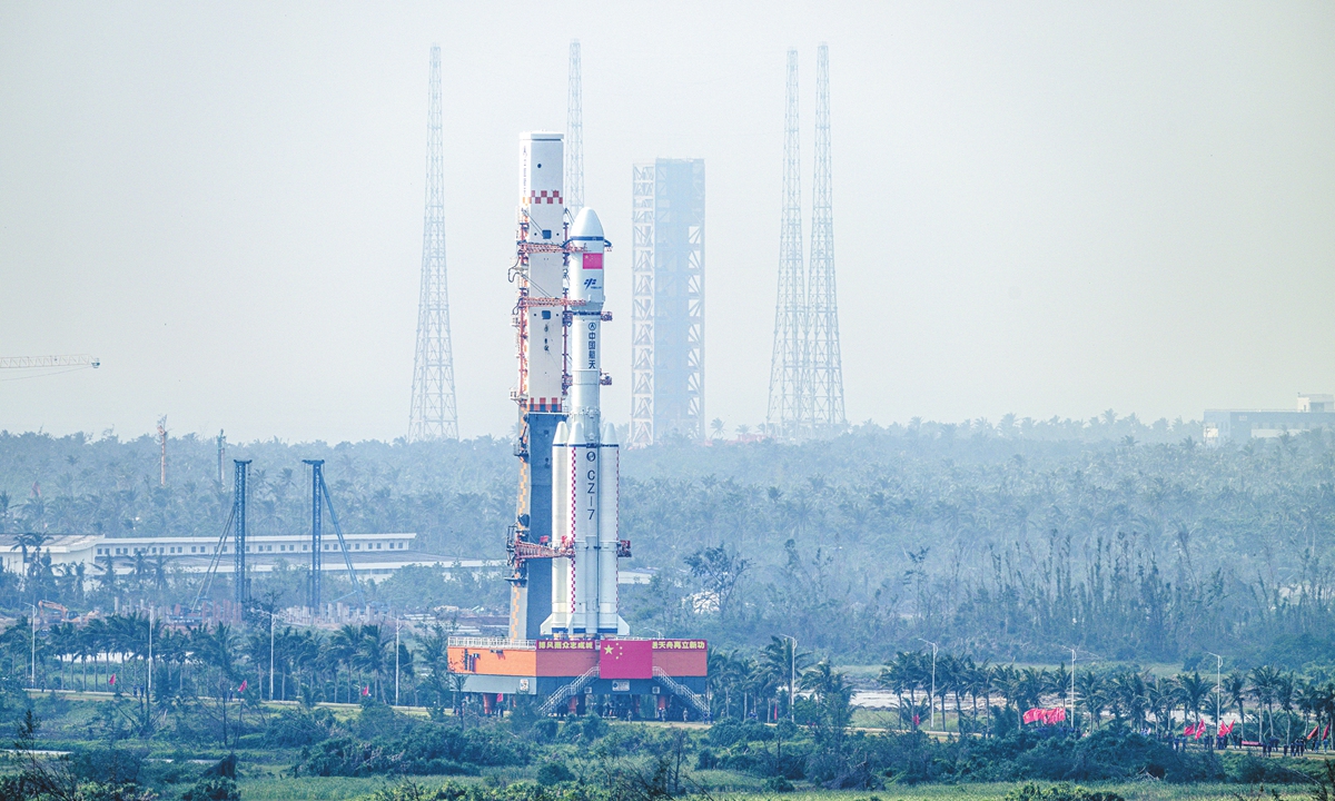 This photo taken on November 13, 2024 shows the combination of the Tianzhou-8 cargo spacecraft and a Long March-7 Y9 carrier rocket after being vertically transferred to the launch site in Wenchang, South China's Hainan Province. Photo: VCG