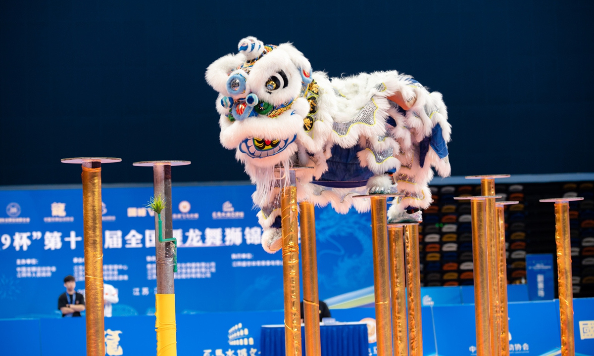 Participants perform at the 16th National Dragon and Lion Dance Championships in late October in Jiangyin, East China's Jiangsu Province. Photo: Courtesy of the Lion Dance Team at Guangzhou Sport University