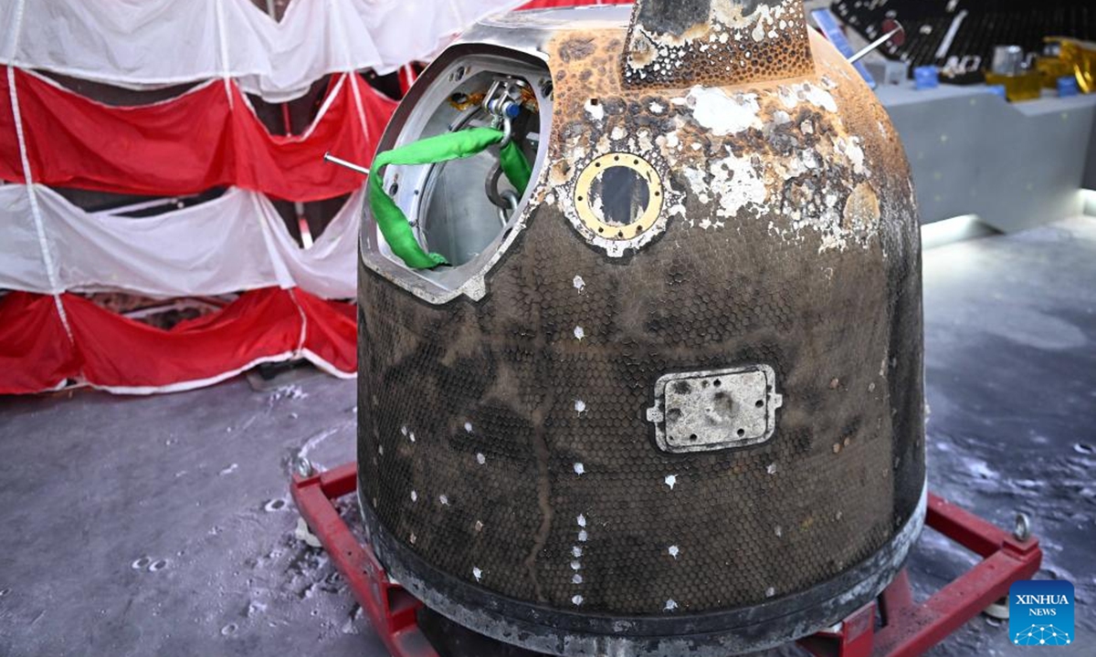 The Chang'e-6 return capsule is displayed at the 15th China International Aviation and Aerospace Exhibition in Zhuhai, south China's Guangdong Province, Nov. 13, 2024.

China's Chang'e-6 mission lunar samples, collected from the far side of the moon, are showcased at the 15th China International Aviation and Aerospace Exhibition.  (Photo: Xinhua)