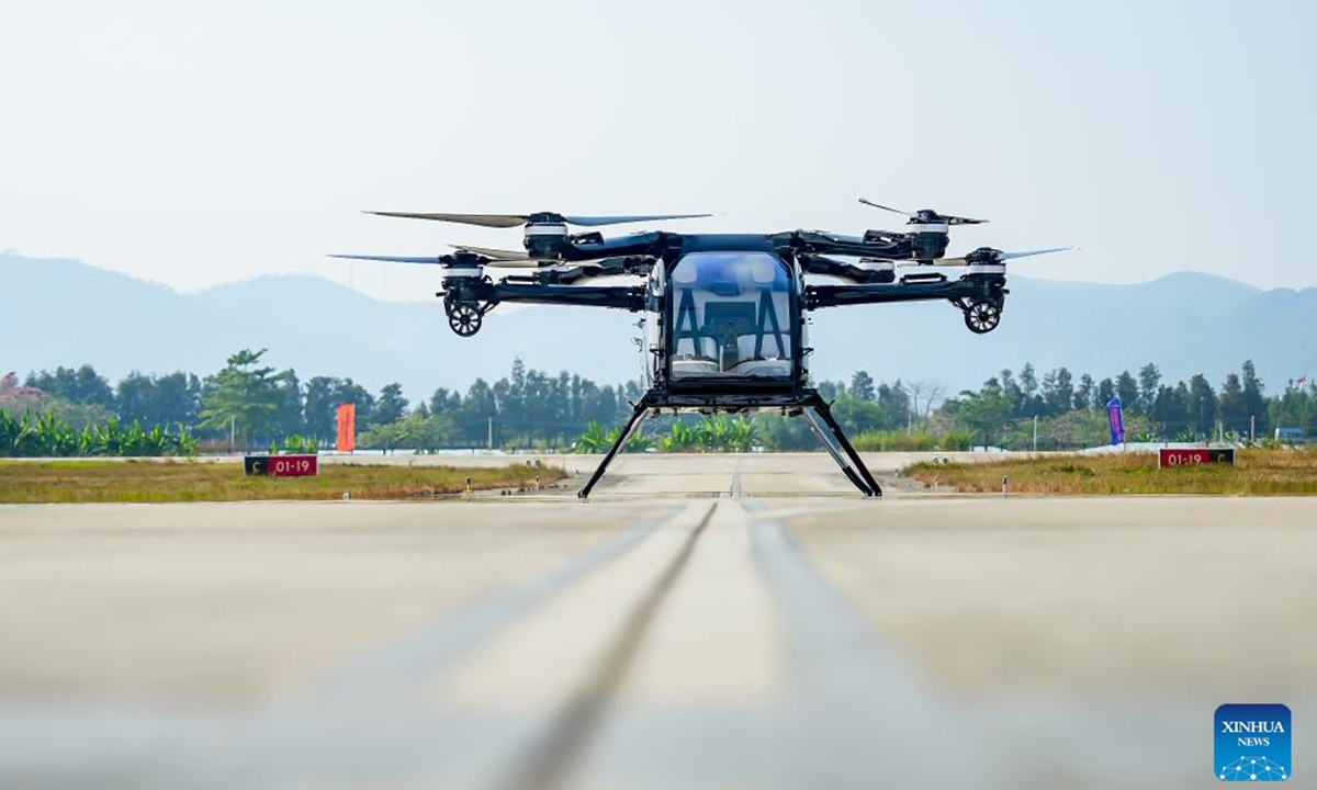 The Land Aircraft Carrier, a flying car developed by Chinese electric vehicle maker XPENG, is pictured in Zhuhai, south China's Guangdong Province, Nov. 12, 2024. The Land Aircraft Carrier completed its first public flight Tuesday at the 15th China International Aviation and Aerospace Exhibition, also known as Airshow China. (Xinhua)