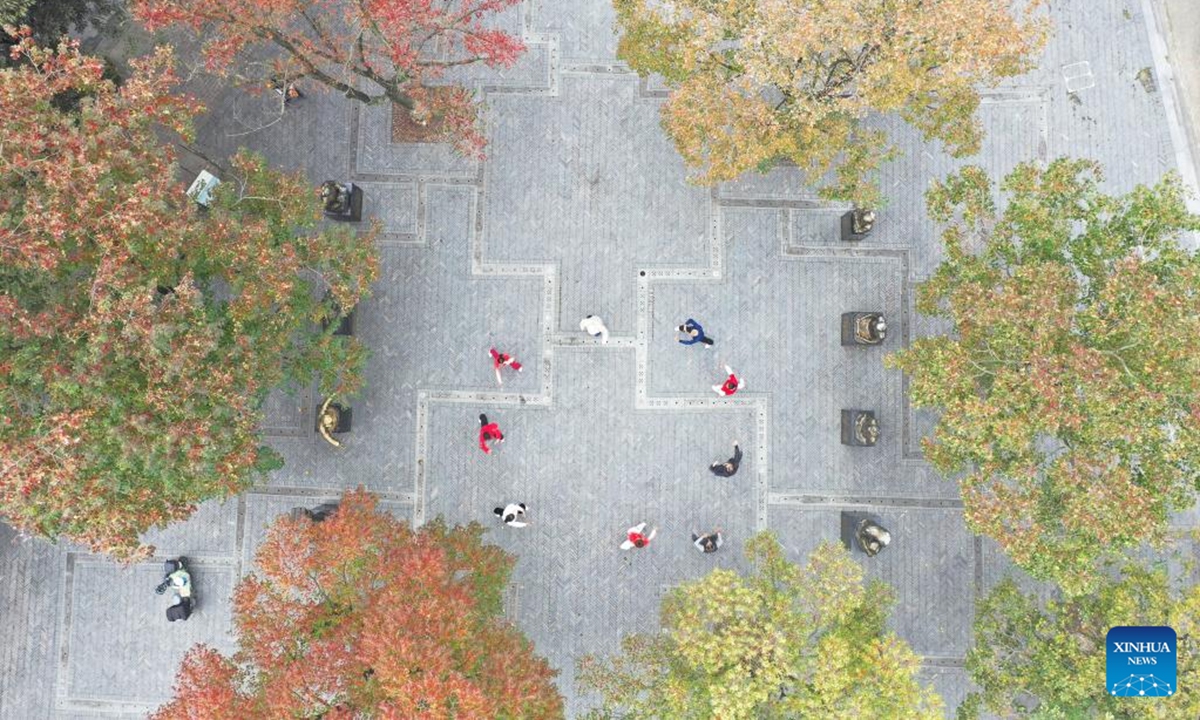 An aerial drone photo taken on Nov. 13, 2024 shows citizens doing morning exercises in Deqing County of Huzhou City, east China's Zhejiang Province. (Photo: Xinhua)