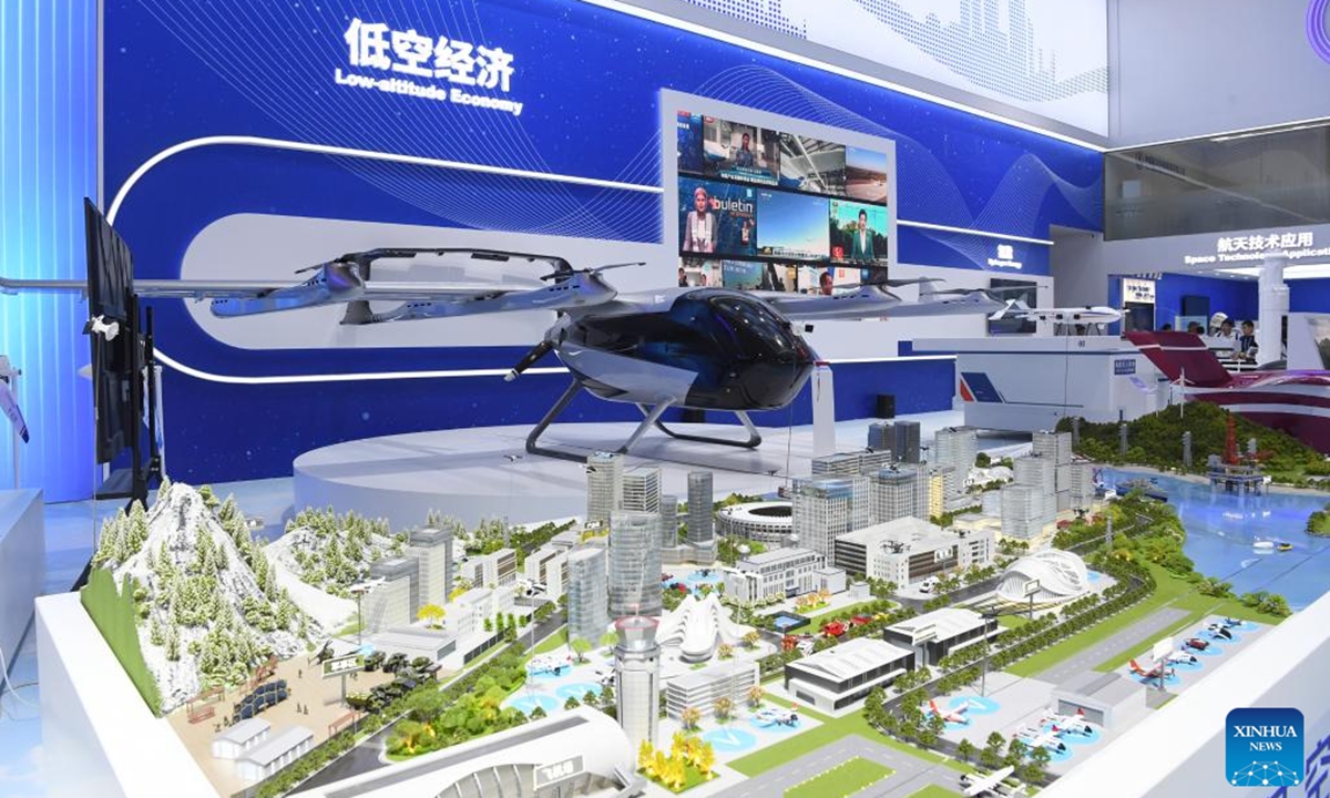 This photo taken on Nov. 13, 2024 shows the ZG-ONE electric vertical take-off and landing (eVTOL) aircraft at the low-altitude economy area of Airshow China in Zhuhai, south China's Guangdong Province. A low-altitude economy area is set at the 15th China International Aviation and Aerospace Exhibition, also known as Airshow China, showcasing related products and application scenarios.  (Photo: Xinhua)