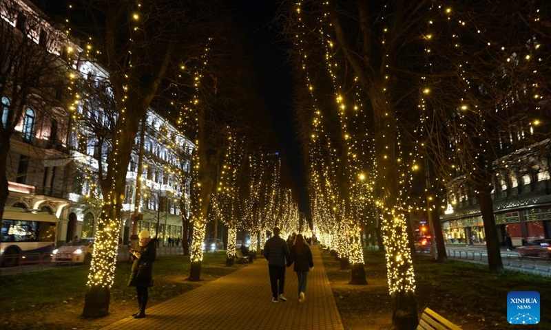 This photo taken on Nov. 15, 2024 shows light installations during the festival Staro Riga, in Riga, Latvia. (Photo: Xinhua)