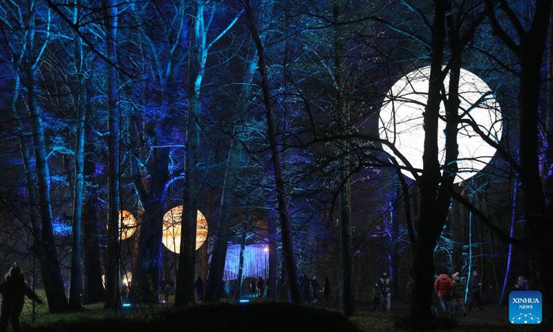 This photo taken on Nov. 15, 2024 shows light installations during the festival Staro Riga, in Riga, Latvia. (Photo: Xinhua)