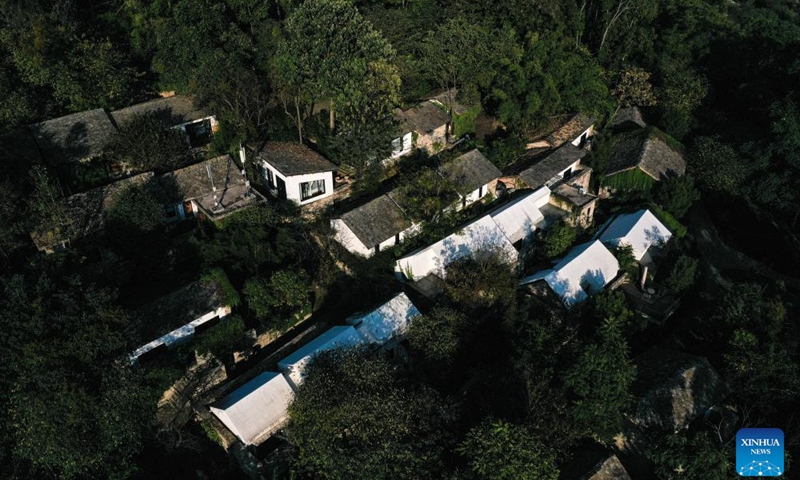 An aerial drone photo taken on Nov. 13, 2024 shows buildings of a homestay at Huangguoshu Scenic Area in Anshun City, southwest China's Guizhou Province. (Photo: Xinhua)