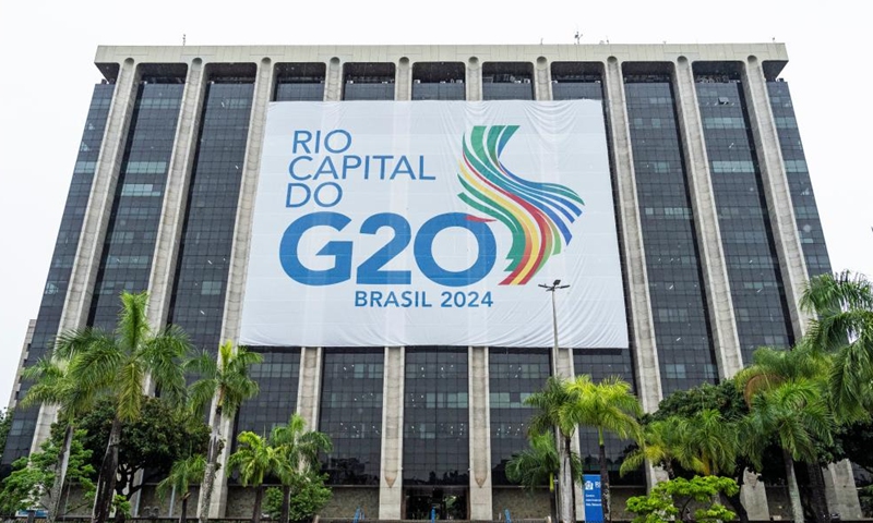 This photo taken on Nov. 16, 2024 shows a G20 logo displayed in Rio de Janeiro, Brazil. The 19th G20 summit is scheduled from Nov. 18 to 19 in Rio de Janeiro. (Xinhua/Wang Tiancong)