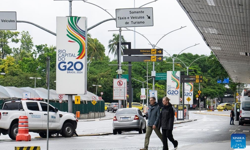 This photo taken on Nov. 16, 2024 shows posters for the 19th G20 summit in Rio de Janeiro, Brazil. The 19th G20 summit is scheduled from Nov. 18 to 19 in Rio de Janeiro. (Xinhua/Wang Tiancong)