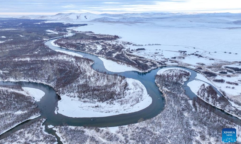 An aerial drone photo taken on Nov. 12, 2024 shows the scenery after snow at a wetland in Ergune, Hulun Buir, north China's Inner Mongolia Autonomous Region. (Xinhua/Lian Zhen)