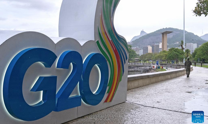 This photo taken on Nov. 16, 2024 shows a G20 logo near the main venue of the 19th G20 summit in Rio de Janeiro, Brazil. The 19th G20 summit is scheduled from Nov. 18 to 19 in Rio de Janeiro. (Xinhua/Wang Tiancong)