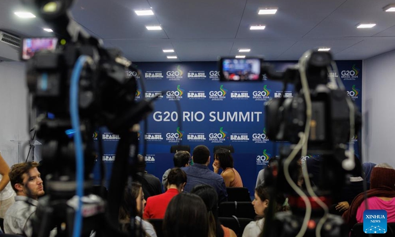 Journalists work at the G20 International Media Center in Rio de Janeiro, Brazil, on Nov. 17, 2024. The International Media Center for the 19th G20 Summit was officially inaugurated on Sunday. (Photo by Claudia Martini/Xinhua)