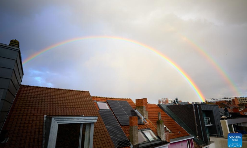 A double rainbow appears over the sky in Brussels, Belgium, Nov. 17, 2024. (Xinhua/Meng Dingbo)